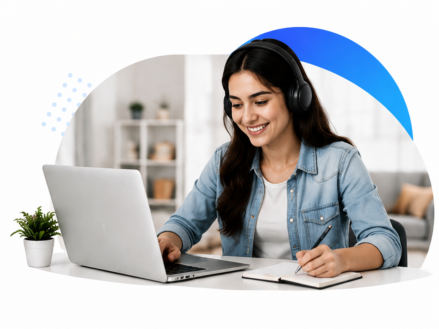 Student with headphones working on laptop