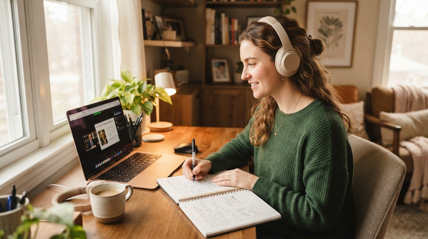 Student learning online with headset and laptop