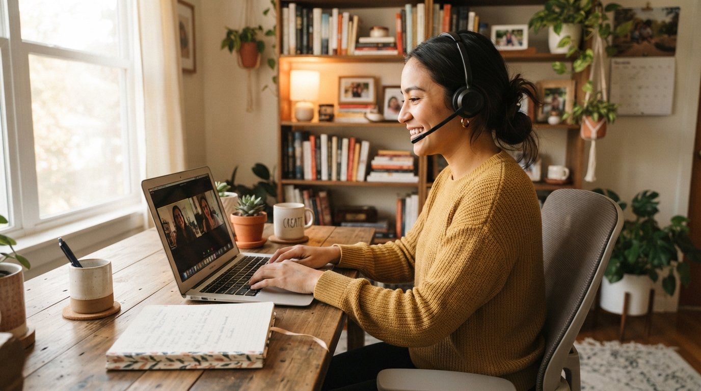 Support agent with headset working on laptop