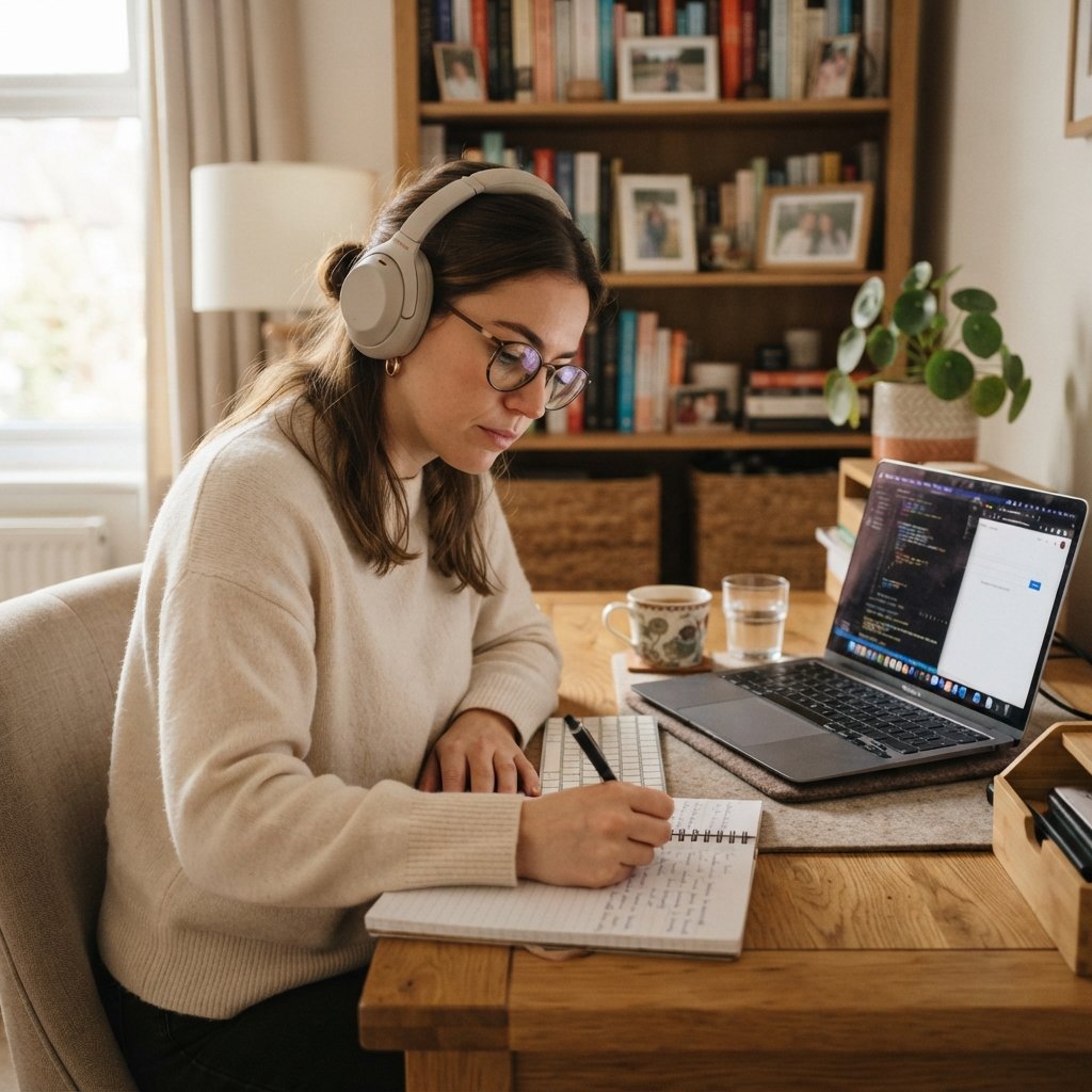 Student studying with headphones